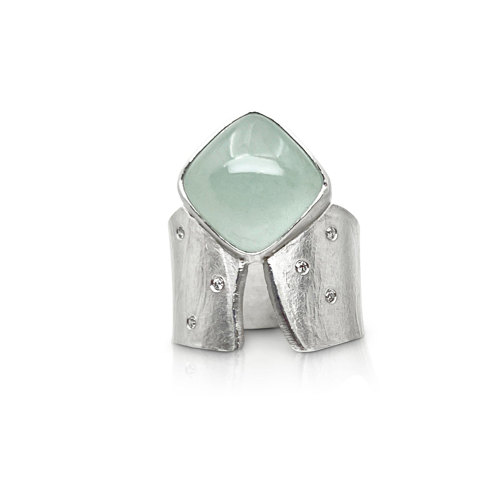 Wide Wafer ring in sterling silver with square Aquamarine cabochon and 6 floating diamonds by Ayesha Mayadas
